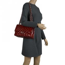 Pre Owned Chanel Burgundy Quilted Patent Leather Jumbo Classic Double Flap Bag