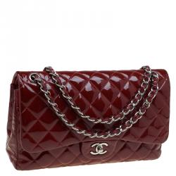 Pre Owned Chanel Burgundy Quilted Patent Leather Jumbo Classic Double Flap Bag