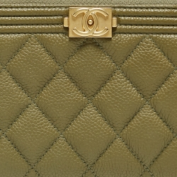 Chanel Green Quilted Leather Boy Zip Around Wallet