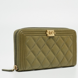 Chanel Green Quilted Leather Boy Zip Around Wallet