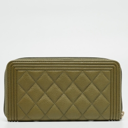 Chanel Green Quilted Leather Boy Zip Around Wallet