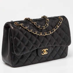 Pre Owned Chanel Black Quilted Leather Jumbo Classic Double Flap Bag