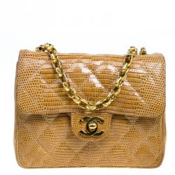 Pre Owned Chanel Brown Lizard Mini Square Flap Bag
