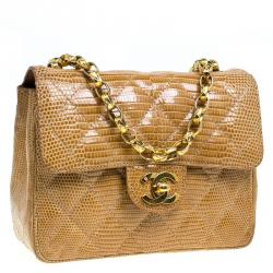 Pre Owned Chanel Brown Lizard Mini Square Flap Bag
