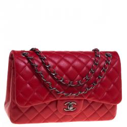 مملوكة مسبقًا حقيبة شانيل قلاب مزدوج كلاسيك كبيرة جلد كافيار مبطنة حمراء