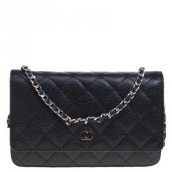Pre Owned Chanel Black Quilted Caviar Leather WOC Clutch Bag