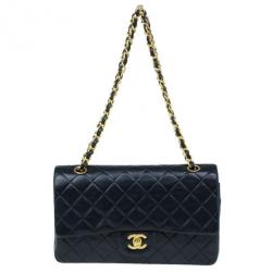 Pre Owned Chanel Black Lambskin Medium Double Flap Shoulder Bag