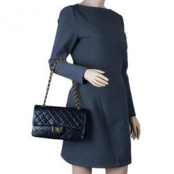 Pre Owned Chanel Black Lambskin Medium Double Flap Shoulder Bag