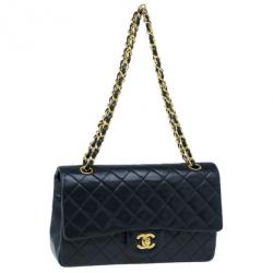 Pre Owned Chanel Black Lambskin Medium Double Flap Shoulder Bag