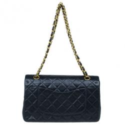Pre Owned Chanel Black Lambskin Medium Double Flap Shoulder Bag