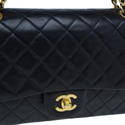 Pre Owned Chanel Black Lambskin Medium Double Flap Shoulder Bag