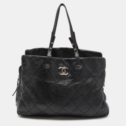 Pre Owned Chanel Black Quilted Glazed Leather Large On the Road Tote