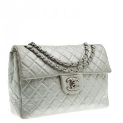 Pre Owned Chanel Grey Quilted Iridescent Leather Maxi Classic Single Flap Bag