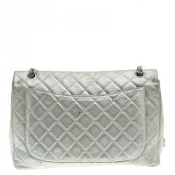 Pre Owned Chanel Grey Quilted Iridescent Leather Maxi Classic Single Flap Bag