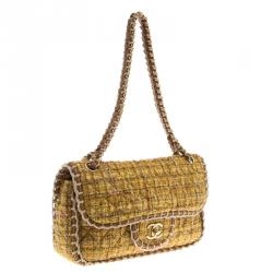 مملوكة مسبقًا حقيبة شانيل قلاب مفرد كلاسيك متوسطة جلد وتويد مبطنة صفراء