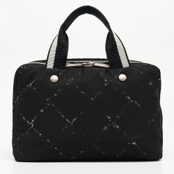 مملوكة مسبقًا Chanel Black/White Quilted Nylon Travel Line Multiple Zip Bowler Bag