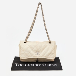 Pre Owned Chanel Off White Quilted Leather Split Pocket Flap Bag