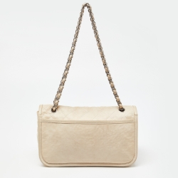 Pre Owned Chanel Off White Quilted Leather Split Pocket Flap Bag