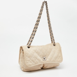 Pre Owned Chanel Off White Quilted Leather Split Pocket Flap Bag