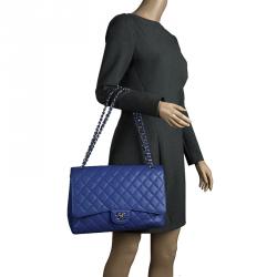 Pre Owned Chanel Blue Quilted Caviar Leather Maxi Classic Single Flap Bag