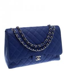 Pre Owned Chanel Blue Quilted Caviar Leather Maxi Classic Single Flap Bag