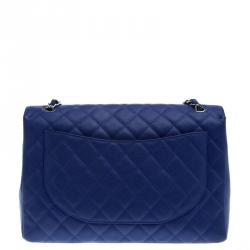 Pre Owned Chanel Blue Quilted Caviar Leather Maxi Classic Single Flap Bag