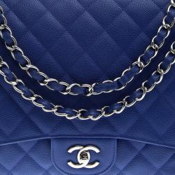 Pre Owned Chanel Blue Quilted Caviar Leather Maxi Classic Single Flap Bag