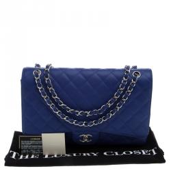 Pre Owned Chanel Blue Quilted Caviar Leather Maxi Classic Single Flap Bag