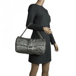 Pre Owned Chanel Grey Embossed Patent Leather Flap Bag