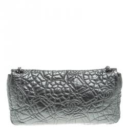 Pre Owned Chanel Grey Embossed Patent Leather Flap Bag