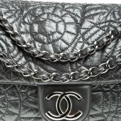 Pre Owned Chanel Grey Embossed Patent Leather Flap Bag