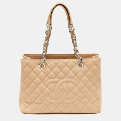 Pre Owned Chanel Beige Quilted Caviar Leather GST Shopper Tote