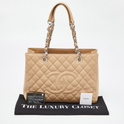 Pre Owned Chanel Beige Quilted Caviar Leather GST Shopper Tote