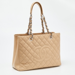 Pre Owned Chanel Beige Quilted Caviar Leather GST Shopper Tote