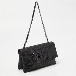 Pre Owned Chanel Black Square Quilted Patent and Leather Camellia No.5 Flap Bag