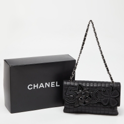 Pre Owned Chanel Black Square Quilted Patent and Leather Camellia No.5 Flap Bag