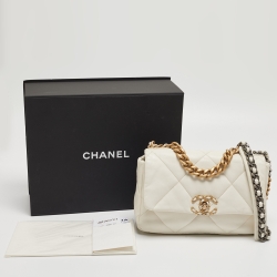 Pre Owned Chanel White Quilted Leather Small 19 Flap Bag