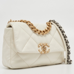 Pre Owned Chanel White Quilted Leather Small 19 Flap Bag