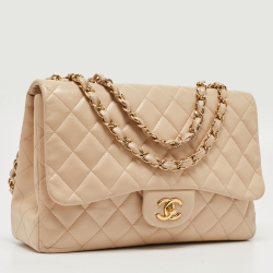 Pre Owned Chanel Beige Quilted Leather Jumbo Classic Single Flap Bag