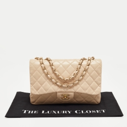 Pre Owned Chanel Beige Quilted Leather Jumbo Classic Single Flap Bag