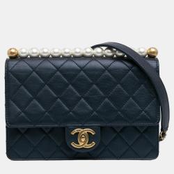 Pre Owned Chanel Navy Blue Medium Chic Pearls Flap Bag