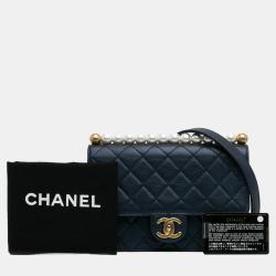 Pre Owned Chanel Navy Blue Medium Chic Pearls Flap Bag