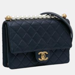 Pre Owned Chanel Navy Blue Medium Chic Pearls Flap Bag