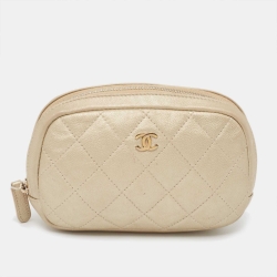 Chanel Beige Quilted Leather Cosmetic Pouch