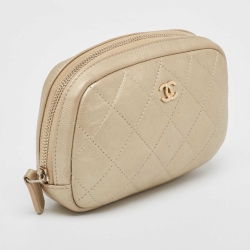 Pre Owned Chanel Beige Quilted Leather Cosmetic Pouch