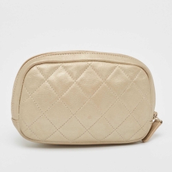 Pre Owned Chanel Beige Quilted Leather Cosmetic Pouch