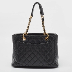Pre Owned Chanel Black Quilted Caviar Leather GST Shopper Tote