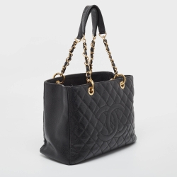 Pre Owned Chanel Black Quilted Caviar Leather GST Shopper Tote