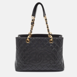 Pre Owned Chanel Black Quilted Caviar Leather GST Shopper Tote