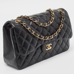 Pre Owned Chanel Black Quilted Leather Jumbo Classic Double Flap Bag